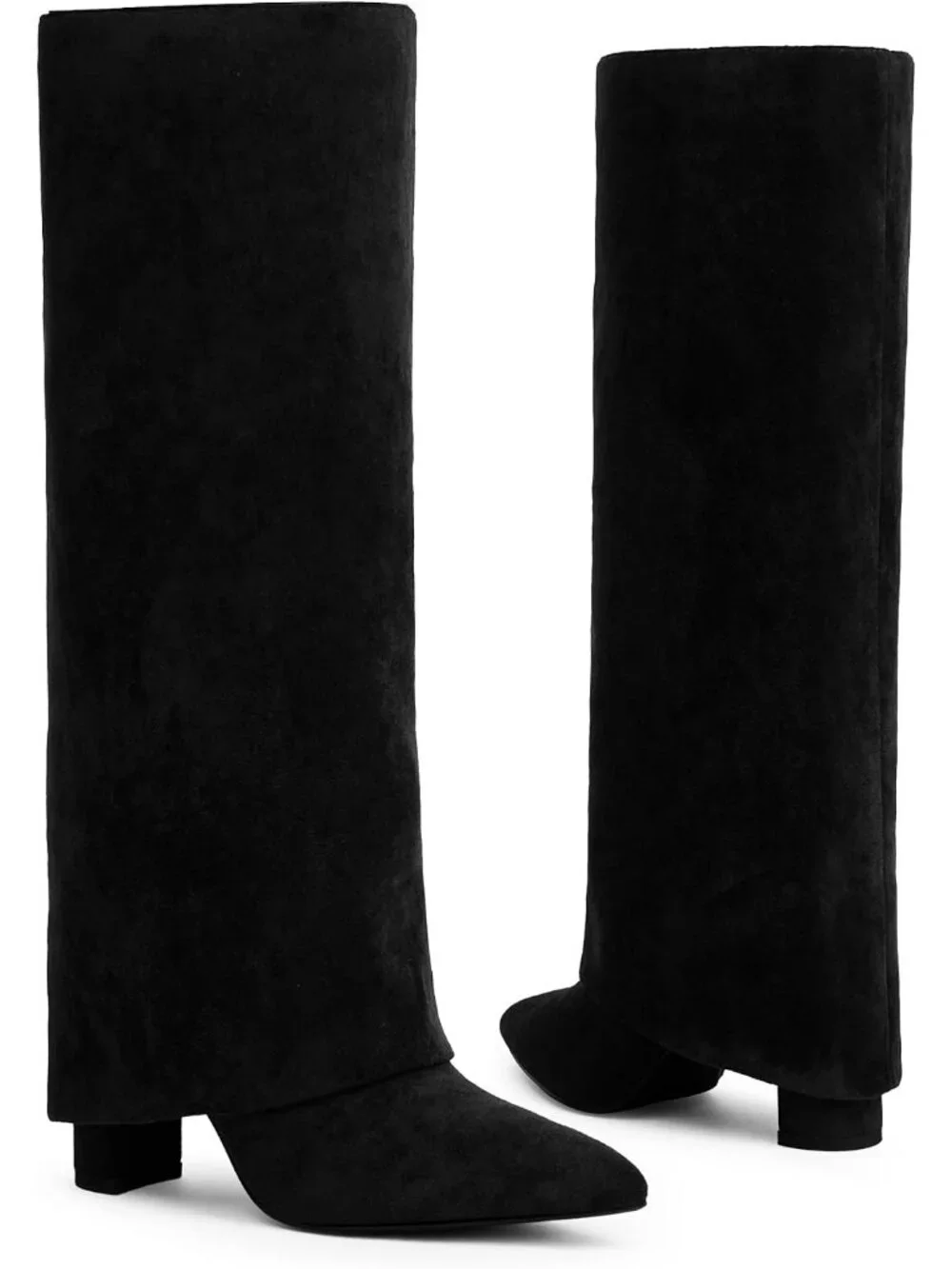Women's Black Suede Pointed Toe Chunky Heel Faux Leather Over The Knee High Boot
